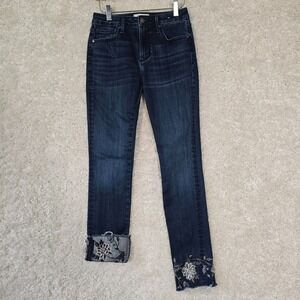 Driftwood Colette Jeans Womens 25 Dark Blue Floral Embroidered Raw‎ Hem Boho